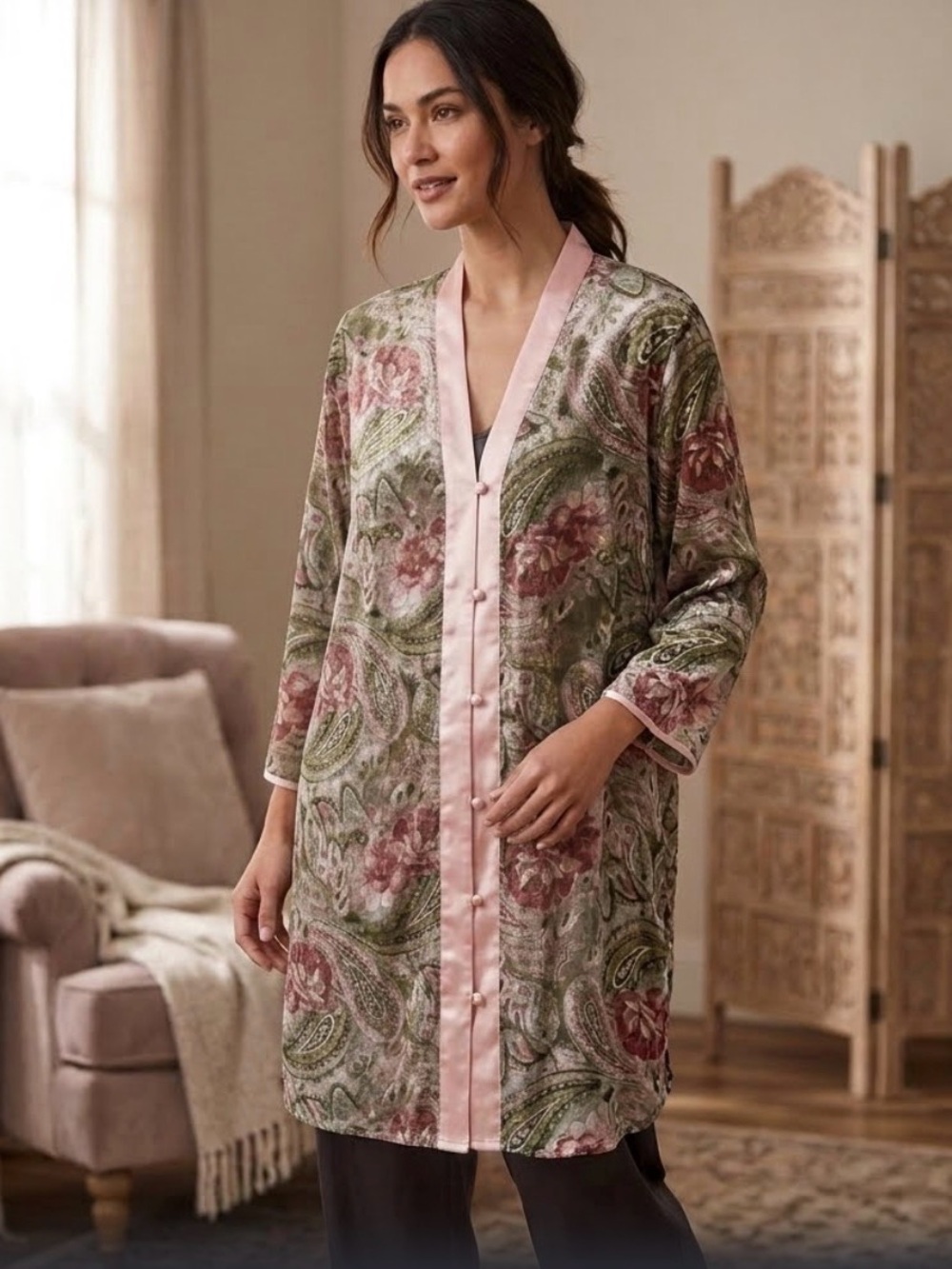 Vtg Victorias Secret Gold Label Sheer Pink Paisley Sleep Shirt P/S Robe Gown